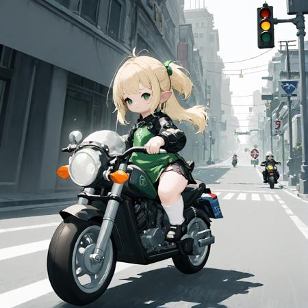 lalafell, 1girl, solo, 
blonde hair, green eyes, hair ornament, side ponytail, 
white thighhighs, motorcycle, on motorcycle, hold handle,
 <lora:SDXL_lalafell_alpha_v5(2d style):1>, wind, road, traffic light,