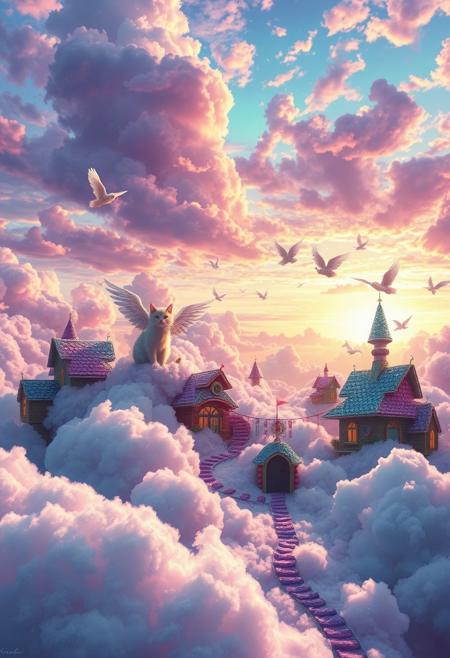 Imagine a fantasy anime world where a village of singing cats lives on fluffy cotton candy clouds. cats with wings float gracefully in the air. The sky is an outrageous mix of neon purple, bright green, and shimmering silver.
shining in the sunset sunlight like a disco ball. The village has whimsical cottages made of sparkling crystals and candy wrappers. Photograph this delightfully chaotic scene from a distance to demonstrate the utterly ridiculous charm and joy of this whimsical and magical landscape!