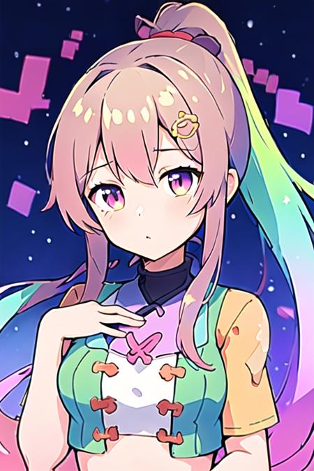 (masterpiece, best quality, high quality, highres, ultra-detailed),1girl,<lora:TooMuchElements-10:0.8>,(mRandom),gradient hair,long hair,1hand on own chest,hair ornament,single ponytail,