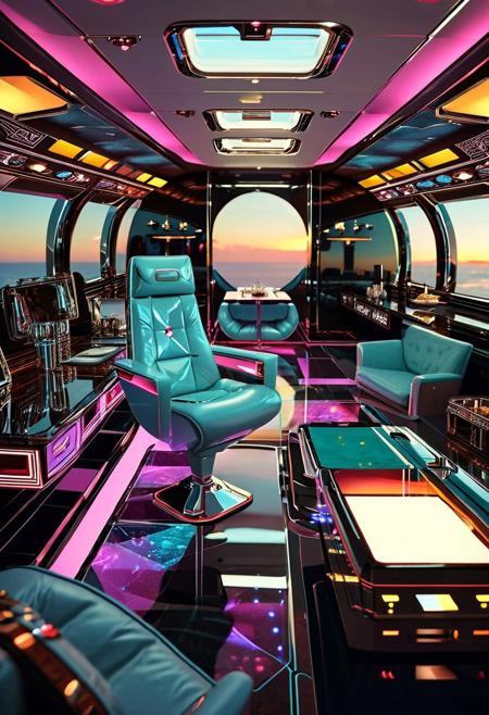 ((70's retrofutursim with Syd Mead art style)), luxury private jet interior, groovy aesthetics of the 70's, Vasarely art, psychedelic colored lights, adorned with geometric patterns, all painted in the distinctive style of Syd Mead, renowned for his iconic retro-futuristic artworks, evening aquamarine light, sunset, glowing windows, dinner service, cocktails, silverware