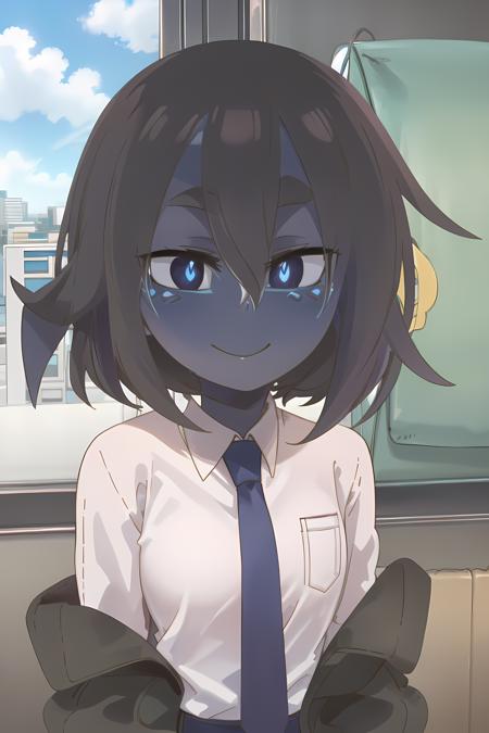 1girl, blue skin, masterpiece, best quality, Smouldie, short hair, smile, white collar shirt, necktie, (upper body), office, looking at viewer <lora:Smolder_Enhanced:1> kdm-style <lora:kdm-style-v05:0.95>