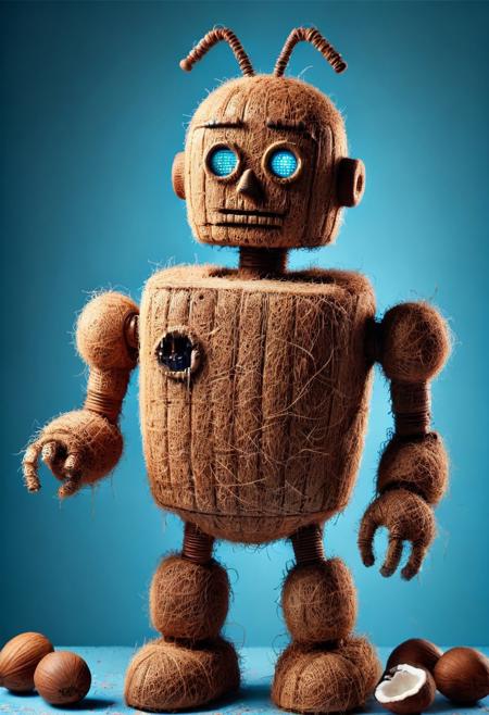 A robot made out of coconuts, futuristic robot, wearing clown makeup, in a birthday part, sad, wet, blue lighting coming from it, detailed, DSLR