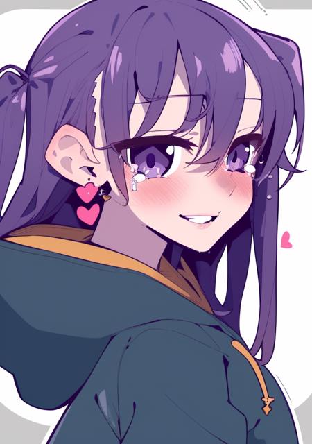 1girl, solo, earrings, tears, jewelry, purple eyes, purple hair, hood, heart, smile, white background, long hair, hoodie, looking at viewer, blush, simple background, hair between eyes, hood down, artist name, upper body, two side up, bangs, teeth, from side, drawstring, parted lips
<lora:ä»æ²¢-02:1>