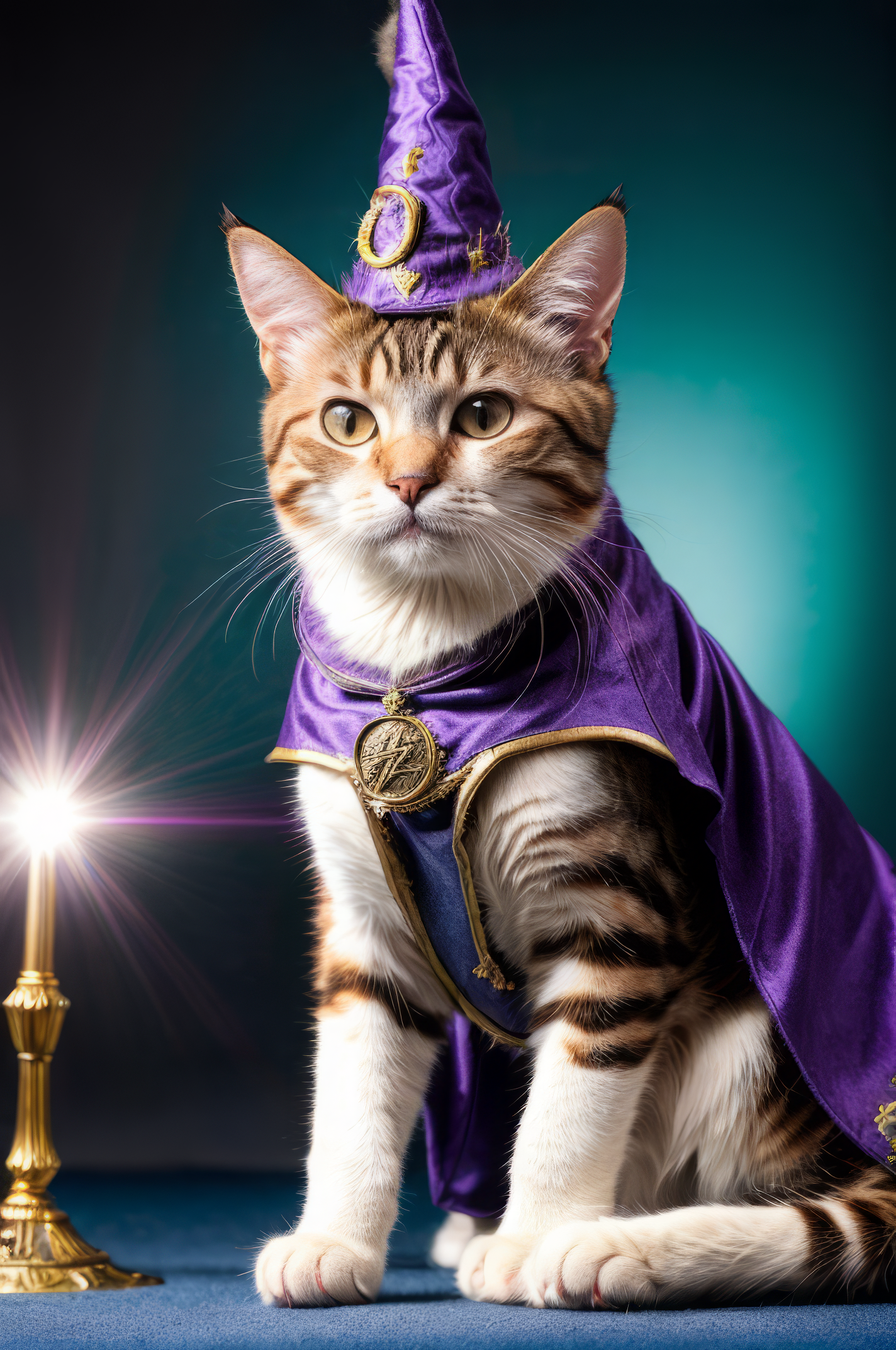 a cat, ((wizard outfit)), epic scene, dynamic camera, backlight, (close up:1.2), high quality photography, 3 point lightin...