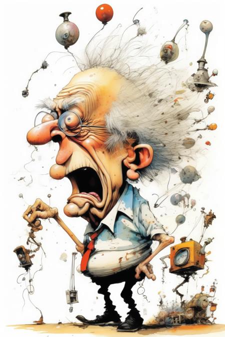 <lora:Ralph Steadman Style:1>Ralph Steadman Style - an illustration of an old man, in the style of ralph steadman, fantastical contraptions, skottie young, john wilhelm, bulbous, cartoonish chaos, emphasizes emotion over realism