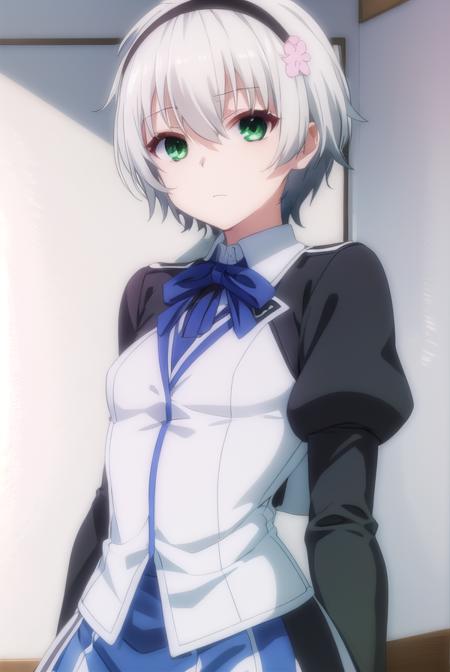 shizukukurogane, <lora:shizuku kurogane s1-lora-nochekaiser:1>,
shizuku kurogane, short hair, hair ornament, (green eyes:1.3), flower, white hair, hairband, hair flower,
BREAK skirt, long sleeves, school uniform, juliet sleeves,
BREAK indoors, classroom,
BREAK looking at viewer, (cowboy shot:1.5),
BREAK <lyco:GoodHands-beta2:1>, (masterpiece:1.2), best quality, high resolution, unity 8k wallpaper, (illustration:0.8), (beautiful detailed eyes:1.6), extremely detailed face, perfect lighting, extremely detailed CG, (perfect hands, perfect anatomy),