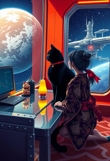 YFG-Asak Surreal Pop Art Style, a bright, whimsical scene of A sleek black cat with red collar sits on a cluttered metal riveted desk with transparent top and led lit computer components visible inside, On the desk are a maneki neko statue and a lava lamp, the Black cat is looking out of a seamless and futuristic floor to ceiling window that looks out at a planet from low orbit, (((a beautiful woman, 24 years old, is kneeling Japanese style next to the cat looking out the window, the woman is dressed in an ornate Japanese style bath robe. An enormous deco-cyberpunk starship with futuristic lighting and an enormous space station are visible in the background among the stars, The woman's hair is messy from just waking up and tied up with a ribbon. Artistic cyberpunk, dynamic perspective, (((overall architectural aesthetic is Art Deco Cyberpunk))).  Epic image that elicits a feeling of wonder and awe,  all set against a striking, abstract background with bold, geometric patterns.