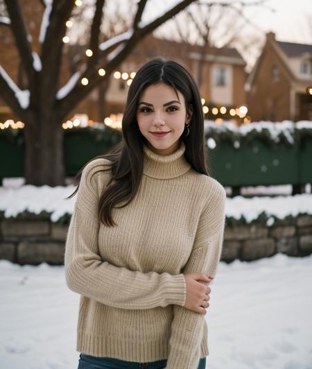 photo of v1cj7 , RAW, Christmas environment, Spectacular light, Christmas decorations, Festive, Christmas sweater Turtleneck, Colorful flowering, 8k, soft lighting, high quality, film grain, Olympus OM1 sharp focus, f 3.4, (eyeliner), (seductive pose), breast, Christmas theme, upper body, smile