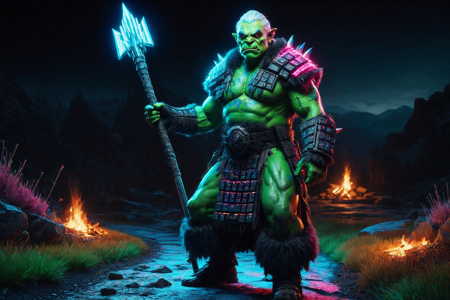 an orc elder made out of RGB Keyboards, with green skin, gray hair, wearing a fur robe, holding a walking stick, solo, from the Ironjaw Clan, with iron armor pieces pulsing with RGB lights and black tattoos, a neon blacksmith forge with a roaring fire with RGB lights, glowing iron tools, weapon racks with RGB lights, detailed background, scouting a path, examining tracks, glowing with RGB lights, proud, chest puffed out, with vibrant RGB lights, wide shot, a neon battle against humans, orcs clashing with soldiers, arrows with RGB lights flying, a glowing RGB warhammer with RGB lights, nearby, on an RGB icy slope, slippery surface with RGB lights, RGB wind with glowing particles, RGB lights streaking, morning, soft sunlight, dew on grass, fresh air, best quality, vibrant colors, photorealistic style, high detail, high-definition, hyper-realistic, extremely high-resolution details, fine texture, incredibly lifelike, realistic, not cartoon, not drawing, highres, 4K resolution, source photo, realistic photo, masterpiece, best quality, amazing quality, very aesthetic, ultra-detailed, detailed textures, natural lighting, soft lighting, digital rainbow colors, full spectrum glow, digital flash, bright and intense, wide shot, <lora:RGB_Keyboard_themed-000008:1>