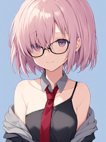 <lora:maxiu:1>,1girl, mash kyrielight, solo, necktie, glasses, red necktie, smile, sleeveless, looking at viewer, blue background, black-framed eyewear, simple background, upper body, bare shoulders, off shoulder, jacket, closed mouth, grey jacket, dress, black dress, open clothes, sleeveless dress, collared dress, long sleeves, open jacket, hand up