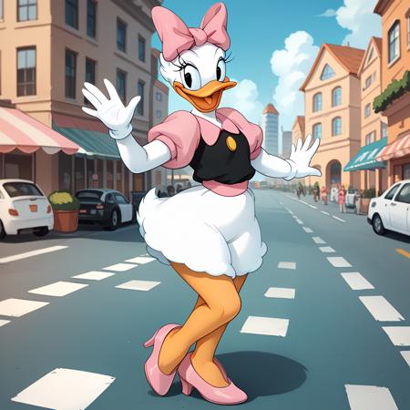 daisyduck, white plumage, white feathers, orange legs puffy sleeves, short pink sleeves, black shirt, pink stiletto heels