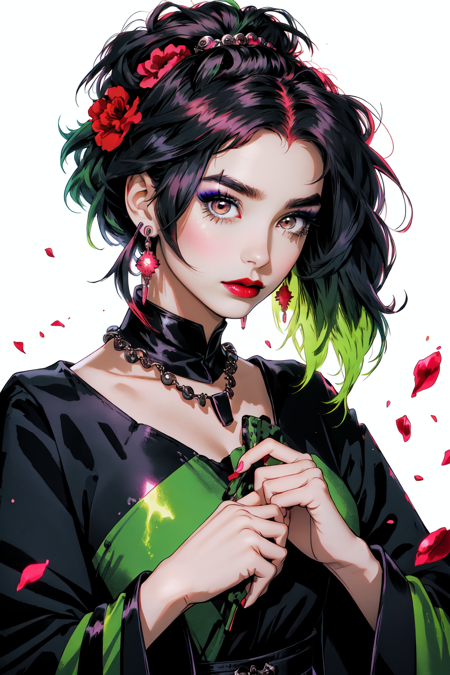 Niji Slime, cel shading, Anime style, 1girl, solo, looking at viewer, black hair, hair ornament, long sleeves, horror, poltergeist vibes, neon colors, muilticolored hair, two-tone hair, dress,  mature, sexy, large breasts, holding, brown eyes, jewelry, upper body, flower, earrings, hair flower, wide sleeves, necklace, petals, makeup, rose, chinese clothes, lipstick, black background, red flower, gem, holding flower, red lips <lora:Niji_Slime:0.75>