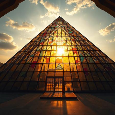 (Photorealistic photograph wide angle:1.5), looking at giant modern wide based pyramid entirely of multicolored stained glass, (sun shining through glass),sunset golden hour