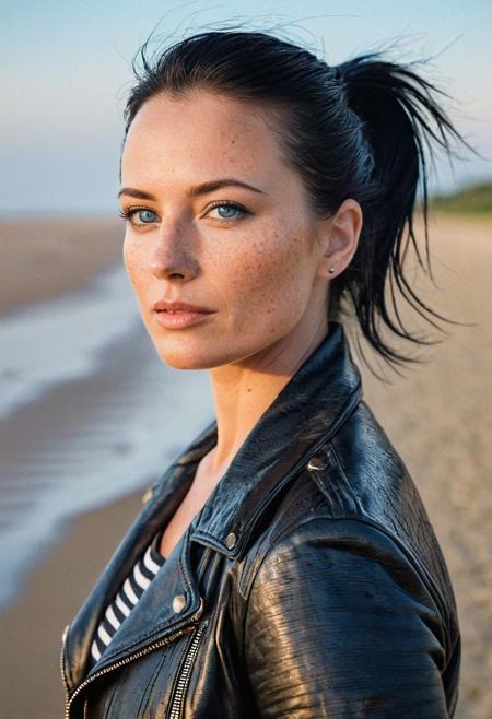 Stunning analog photo of a beautiful 38 years old Dutch woman, striped t-shirt, leather jacket, leather pants, perfect face, absolute beauty, sexy pose, natural raven black hair, ponytail, blue eyes, freckles, freckles and moles all over body, absolute perfect tits, big tits, soft natural tits, walking the beach in Holland, early morning, misty, soft natural early morning light light, ultra realistic, extremely detailed