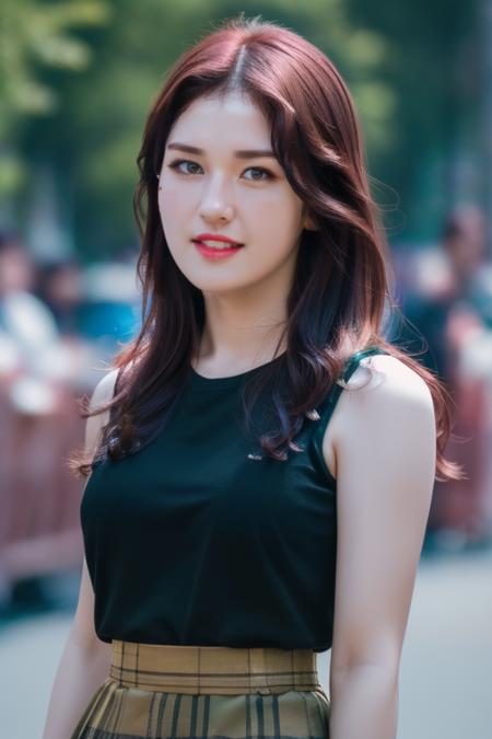 <lora:jeonSomiV1:1>,Somi,1girl,solo,woman,complex 3d render ultra detailed,(smile:1.1), portrait of beautiful woman, moody portrait, striking features, beauty, intricate details, dramatic composition, tension, contrast, texture, realism, high-quality rendering, stunning art, high quality, film grain, Fujifilm XT3,swirly bokeh,(realistic, photo-realistic:1.1),RAW photo,physically-based rendering,(looking at viewer:1.4),(8k, best quality, masterpiece:1.3),(full body shot:1.1),octane render,extremely detailed CG, unity 8k wallpaper,in street,urban,city,(studio soft light,sunlight:1.1),(a girl is wearing sleeveless and skirt:1.5),hyper realistic detail shiny skin,ultra detailed,(ultra realistic:1.1),(intricate:1.1),(photorealistic:1.1),(skinny:1.3),detailed background ,(large breasts:1.2)