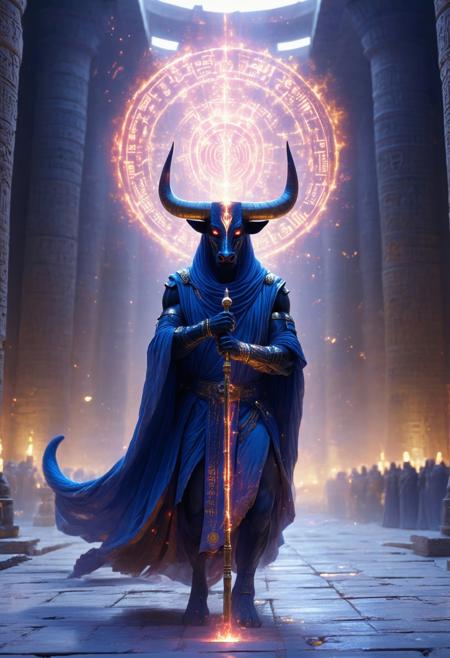 A mythic Minotaur deity—Ba'al, the Bull God—stands centered in a vast ceremonial hall carved with ancient sigils. His muscular, blue-skinned form radiates divine power. He wears gold-etched indigo robes and crimson ceremonial armor shaped like a mask. A staff crackling with arcane energy glows red in his hand, its light matching the fire of his eyes. Gilded horns crown his head, and sacred symmetry flows through the scene—light beams from above, illuminating a circle of divine patterns around him. His hooved feet rest firm on the temple's stone floor; his long tail curls behind. The atmosphere shimmers with divine light, arcane power, and ancient reverence.
<lora:FLUX-daubrez-DB4RZ-v2:0.55> <lora:Sinfully_Stylish_.02_for_FLUX:0.35> <lora:dystopia:0.6>