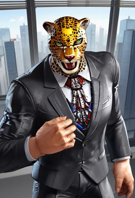 king_tekken, smooth anime image, man, jaguar mask, green eyes, King from Tekken, wearing formal suit and necktie, in office building with view of city from window