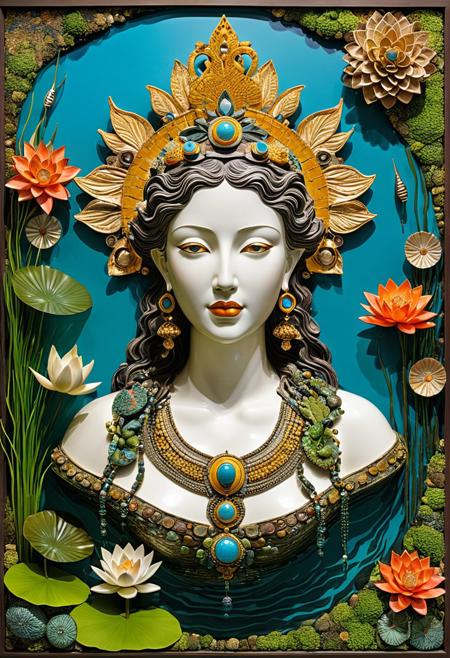 (masterpiece, best quality), The Goddess of Water always wander around a certain pond, 
mixed-media art, creative material use, reconstructed images, playful compositions, vibrant textures, unconventional materials, recycled objects, large-scale installations, high contrast, intricate details, reimagined classics, visual illusions, layered textures, contemporary and conceptual, art from everyday objects