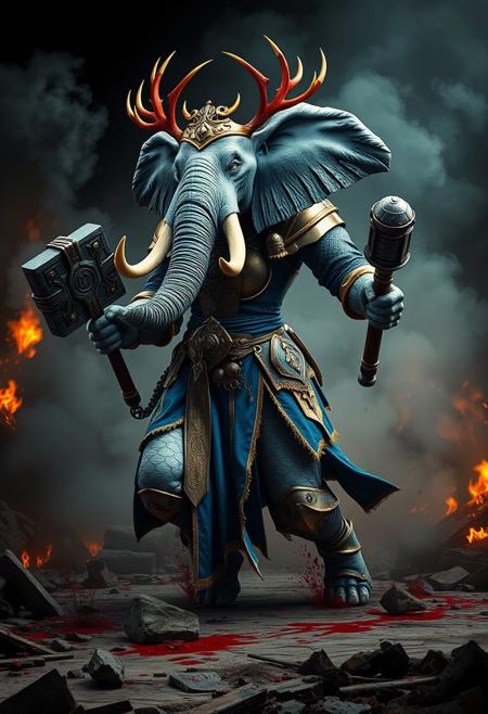 hyperrealistic, anthropomorphized elephant/human female (with female human body, elephant head with human features), grey skin, bald, large tusks, large elephant trunk, 
knight, blue and gold full armor, long pelvic curtain, muscular thighs, holding a midevil war-hammer, knight, crown of red antlers,
charging into battle, fighting, hero pose, surrounded by smoke, surrounded by blood, blood splattered on floor, midevil battlefield, burning rubble, 
cinematic composition and lighting. Masterpiece. 8k. Very detailed.