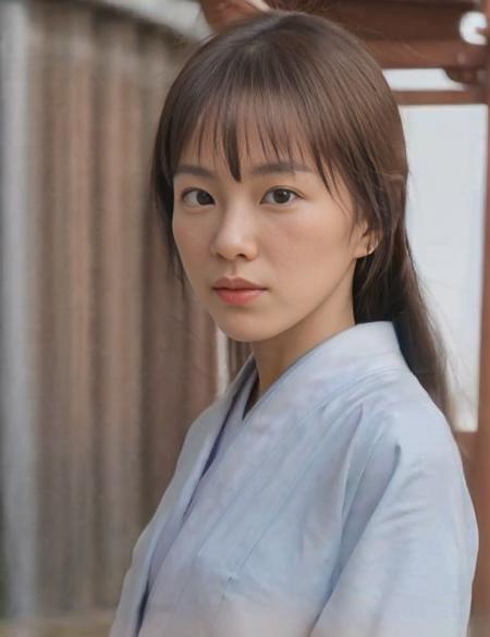 nsfw:0.1,portrait of slender 1girl, makiko <lora:makiko:0.7>, bangs, long hair, solo, (spin, dance:1.2), dark brown kimono , at step way of temple, fox ear, wide angle, torii at background, upper body, close up,beautiful face