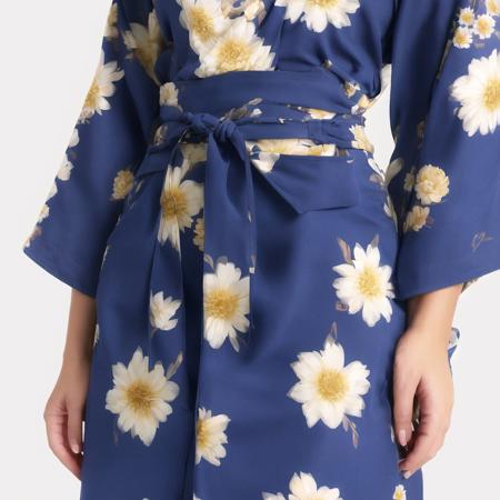 <lora:cuteshorts4:1.0>, (cuteshorts:1.0),  woman wearing, below waist, 1girl, animal ears, bangs, blue flower, blue kimono, blue ribbon, brown eyes, constellation print, flower, hair bun, hair flower, hair ornament, hair ribbon, head rest, highres, ikoan, japanese clothes, kimono, looking at viewer, ribbon, smile, solo, upper body, white flower, white hair, yellow background