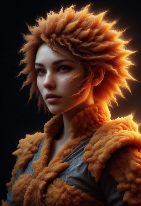 Ultrarealistic. sharp focus, dynamic lighting. play of light, Raytracing, Ultra detailed. (((DFC Style))). A beautiful female samurai warrior wearing an armor made of deep fried & crispy breading. Katana in hand. Cowboy shot. Make up.DFC, skulldog, skull head