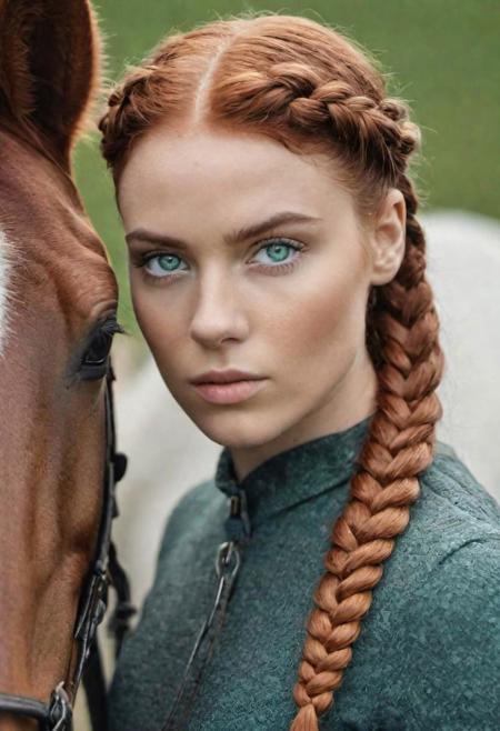 Capture a hyper-detailed photograph of a person with auburn hair accented with silver tips, styled in braids, standing near a horse. Feature heterochromia with one blue and one green eye, clear and striking. The skin should appear natural, complemented by light makeup to enhance the subject's features without overshadowing them. The lips, in their natural color, should convey a sense of authenticity, and light freckles should be visible across the nose and cheeks, adding character to the portrait.
