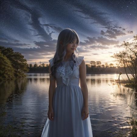 <lora:twcoser_02:0.7>, 1girl, solo, photorealistic, realistic, (outdoors, forest, riverside), cosplayer, looking at viewer, starry,strry light,night,colorful,cloud,star \(sky\), <lora:lightAndShadow_v10:0.5>, (evening dress:1.1), (smile:0.8)