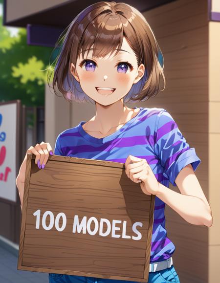 masterpiece,best quality,1girl,small breasts,short hair,brown hair,friskut,happy,striped shirt,blue and purple shirt,pants,holding sign with text ("100 models":1.3),upper body, <lora:FriskXL:0.8>