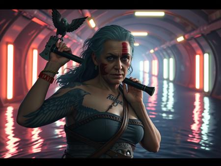 A grandmother with an eagle tattoo on her shoulder, wielding a Viking battle-axe, walks through a flooded underground tunnel. Her face is painted with war, and her eyes gleam with determination. Neon lights flicker in the distance, creating an eerie and menacing atmosphere. Art style of GTA V loading screens, with saturated colours and grain effects.