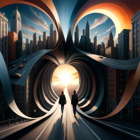 concept art (Digital Artwork:1.3) of (Ultrarealistic:1.3) "Creative surreal composition that presents a cityscape where buildings twist and bend like ribbons, pedestrians walk upside down, and the sun sets in __ffusion23.jpg","a 3d image of a city with a swirling cityscape, surrealist oil painting, crossing road, symmetrical epic fantasy art, background is sunset clouds, twirls and curves, amazing line work, realistic oil painting, flares anamorphic, ((illustration, istockphoto" <lora:DalE-3-FFusion-LoRA-ViT-LoCON:1>,CGSociety,ArtStation . digital artwork, illustrative, painterly, matte painting, highly detailed