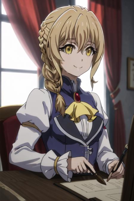 best quality, masterpiece, highres, solo, {guild_girl_goblinslayer:1.15}, blonde_hair, braid, yellow_eyes, long_hair, ascot, hair_between_eyes, smile, anime_coloring