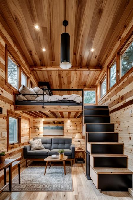 interiortinyhouse interior couch, kitchen, wooden, stairs, table, stove, pan, mug, rug, ((masterpiece)), realistic, epic, details,<lora:ARWinteriortinyhouse:1>