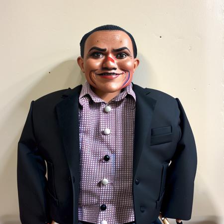 Make me look like a  wooden ventriloquist dummy. Latino. 30 years old.