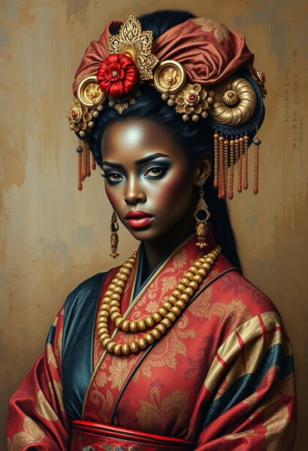 Beautiful african girl,  geisha warrior, oriental damask ornaments, in the style of restrained palette, distressed materials, realistic color schemes, hieratic visionary, figura serpentinata, nicola samori, bold yet graceful , alexander McQueen fashion costume style, oil painting style