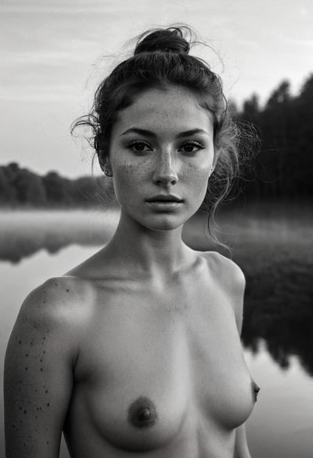 Stunning B&W 35mm photo of a beautiful 20 years old Dutch woman, ((full body:1.2)), sexy pose, fully nude, incredibly pretty, looks to die for, narrow nose, fit, highly detailed face, highly detailed skin, freckles, a huge amount of freckles and moles all over body, tiny breasts, perfect breasts, hard nipples, Rounded ass, brown hair, no pubic hair, hairless vagina, big hair, medium hair, 70's style hair, ponytail, brown eyes, perfect eyes, detailed eyes, detailed pupils, the look on her face gives away she is very horny, at a peat lake, dusk, foggy, swirls of mist ,soft natural early morning light, beautiful sky, ultra realistic, realistic skin, detailed skin, realistic vagina, extremely detailed, Rembrandt style light, 8k resolution, masterpiece, 35mm, Hasselblad