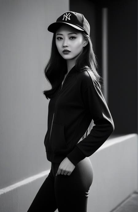 Film noir style, (masterpiece,best quality,ultra high res:1.2),(photo-realistic:1.3),beautiful face,exquisite face,skin texture,face_focus,looking at viewer,
side_light,character portrait,20yo,
1girl,<lora:zhouhaimei_XL_0_:1.3>,zhouhaimei,(Athleisure_tracksuit:1.5),(Sneakers_with_colorful_soles:1.4),(Baseball_cap:1.3),, Monochrome, high contrast, dramatic shadows, 1940s style, mysterious, cinematic