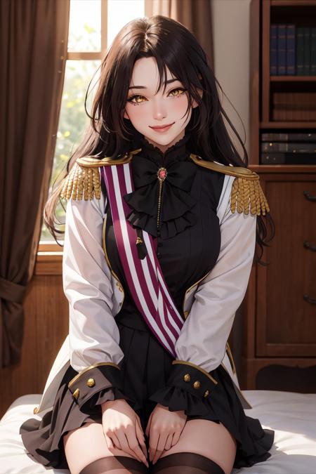 masterpiece, (best quality), 1woman,1girl ,dominique_de_sade,  black hair, long hair, (yellow eyes),epaulettes,uniform,parted bangs,sexy woman,smile, bow, long sleeves,closed clothes, embarrassed,blush,  vibrant colors ,natural lighting  ,RTX,  , beautiful, (detailed face:1.2), showcase, (perfect eyes:1.1) ,(photorealistic:1.1), 8k uhd,  looking at viewer, indoors,  simple backround,