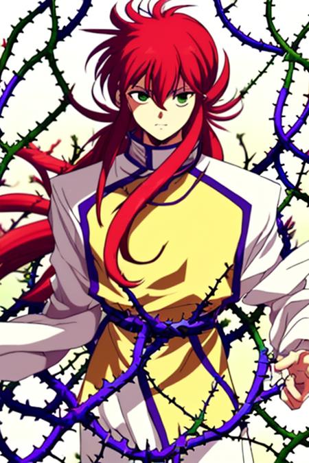 long hair,red hair,green eyes,Pink Martial Arts Costume long hair,red hair,green eyes, Purple Martial Clothes long hair,red hair,green eyes,Green martial arts uniform long hair,red hair,Yellow martial arts uniform with white sleeves,green eyes,  rose Holding a vine in hand