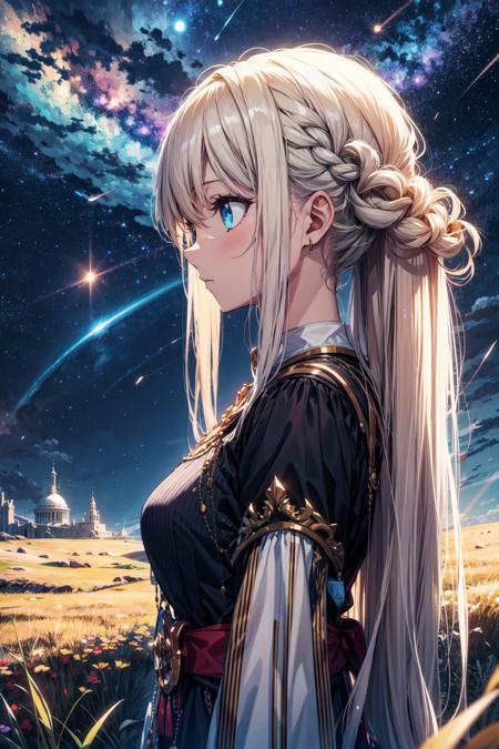 absurdres, highres, close view, side view,
1girl, long hair, shining hair, complex hair, colorful hair, shining eyes, 
fantasy simple clothes, 
starry sky, grassy knoll, wind effects,