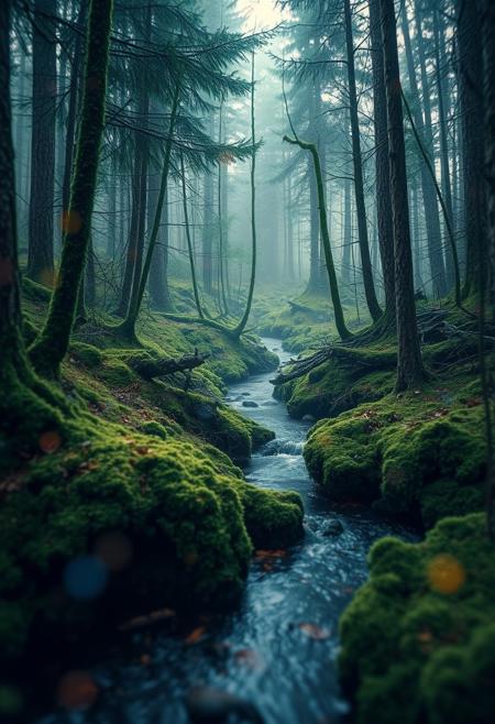 swamps in deep taiga, mossy overgrown stream, kikimora, fantasy, score_9, psychedelic art, extremely sharp focus, light leaks, unusual colors, abstract multilayer texture, by Abigail Larson