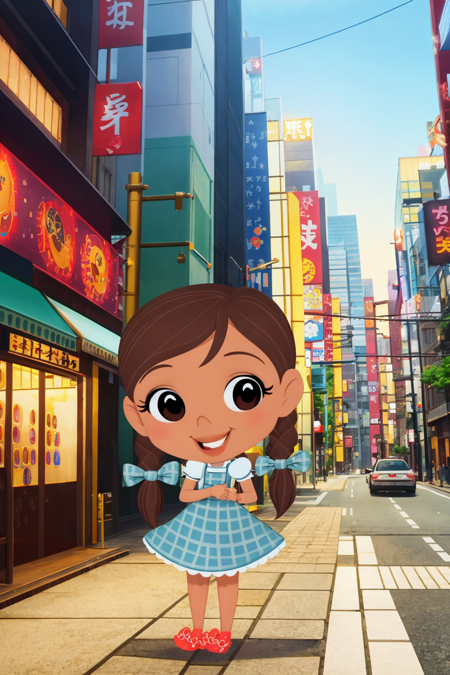 masterpiece, best quality, 1girl, dorothy, brown hair, twin braids, black eyes, dark skin, dress, short puffy sleeves, full body, solo, smile, looking at viewer, street, city, building, tokyo street background  <lora:Dorothy:1>