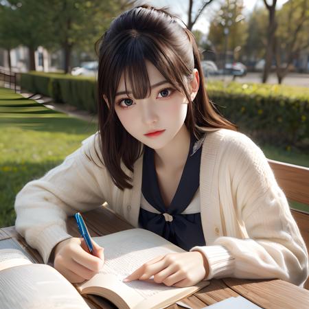 best quality,  ultra detailed 8k cg render,  masterpiece,  high resolution,  extremely detailed,  natural lighting, 
1 girl,  A female student sits outdoors in the garden reading a book, (looking at viewer),  junior sister,<lora:EMS-258646-EMS:0.800000>,<lora:EMS-12225-EMS:-0.400000>