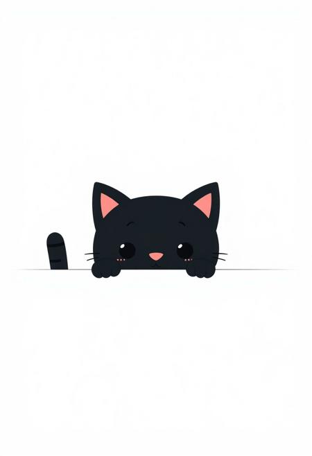 A cute black cat peeking out from the bottom of an empty white background, with simple lines, a flat illustration style, simple design, simple shapes, minimal details, a minimalist style, a minimalist cartoon character design, minimalist vector art, and a simple and minimalistic design. White background.