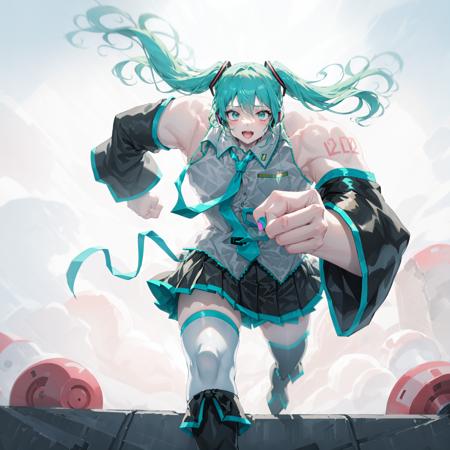 kqtlt, 1boy,hatsune miku, solo, necktie, skirt, long hair, detached sleeves, thighhighs, twintails, genderswap \(ftm\), aqua necktie, sleeveless, shirt, bare shoulders, sleeveless shirt, aqua hair, black skirt, white background, hatsune miku \(cosplay\), open mouth, crossdressing, black thighhighs, pectorals, blurry, pleated skirt, miniskirt, nail polish, collared shirt, simple background, aqua nails, headphones, zettai ryouiki, very long hair, grey shirt, boots, genderswap, depth of fieldmuscle man