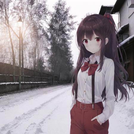 <lora:anime_irl:1>, anime_irl,  a snow covered street with a tree and fence at night time with a street light in the distance and a snow covered sidewalk, 1girl, arm belt, bamboo, bamboo forest, blurry, bow, burning, depth of field, dress shirt, embers, fire, flame, forest, hair bow, hair ribbon, highres, long hair, long sleeves, looking at viewer, midriff, nature, navel, ofuda, pants, red eyes, red pants, ribbon, serious, shirt, solo, suspenders, tress ribbon, very long hair, white hair, white shirt