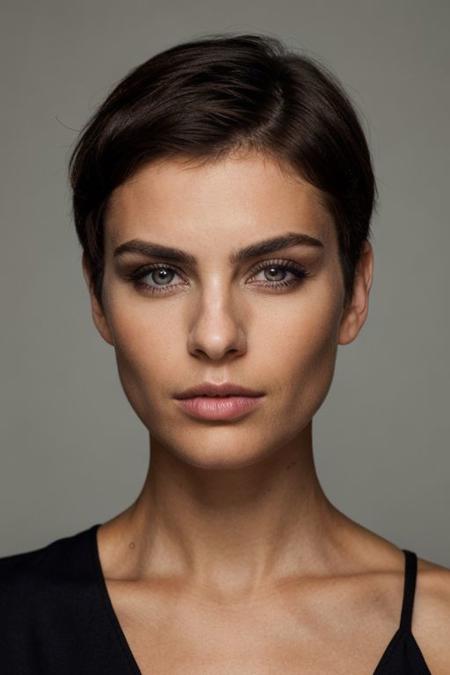 Fashion photography, half length portrait of a woman, striking facial features, short hair, natural makeup,