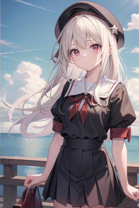 illyasvielvoneinzbern, <lyco:illyasvielvoneinzbern-lyco-nochekaiser:1>,
illyasviel von einzbern, blonde hair, hair between eyes, long hair, (red eyes:1.5),
BREAK beret, black skirt, brown footwear, collared shirt, hat, homurahara academy school uniform, kneehighs, loafers, pleated skirt, puffy short sleeves, puffy sleeves, red ribbon, ribbon, school uniform, shirt, shoes, short sleeves, skirt, socks, white headwear, white shirt, white socks,
BREAK outdoors, city, sky, cloud, sun,
BREAK looking at viewer, (cowboy shot:1.5),
BREAK <lyco:GoodHands-beta2:1>, (masterpiece:1.2), best quality, high resolution, unity 8k wallpaper, (illustration:0.8), (beautiful detailed eyes:1.6), extremely detailed face, perfect lighting, extremely detailed CG, (perfect hands, perfect anatomy),