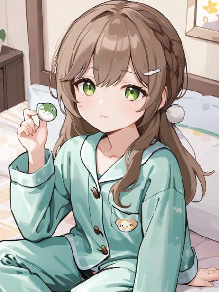 <lora:xl_qingque2:1>,qingque girl,green eyes,brown hair,Tailventure\(hairstyle)\,pajamas,