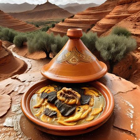 a surreal landscape where hills are shaped like tagine lids, ridges painted with turmeric yellows and burnt umber, rivers of olive oil cutting through soft terrain, occasional glints of embedded spice crystals, sky simmering in smoky orange tones, Tagine